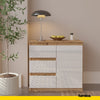 MIKEL - Chest of 3 Drawers and 1 Door - Bedroom Dresser Storage Cabinet Sideboard - Wotan Oak / White Gloss H29 1/2" W31 1/2" D13 3/4"