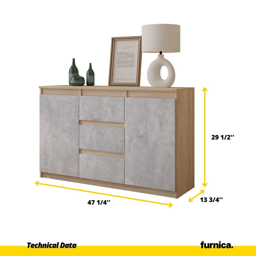 MIKEL - Chest of 3 Drawers and 2 Doors - Bedroom Dresser Storage Cabinet Sideboard - Sonoma Oak / Concrete H29 1/2" W47 1/4" D13 3/4"