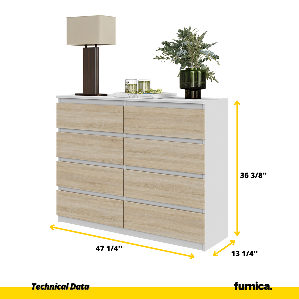 GABRIEL - Chest of 8 Drawers - Bedroom Dresser Storage Cabinet Sideboard - White Matt / Sonoma Oak H36 3/8" W47 1/4" D13 1/4"