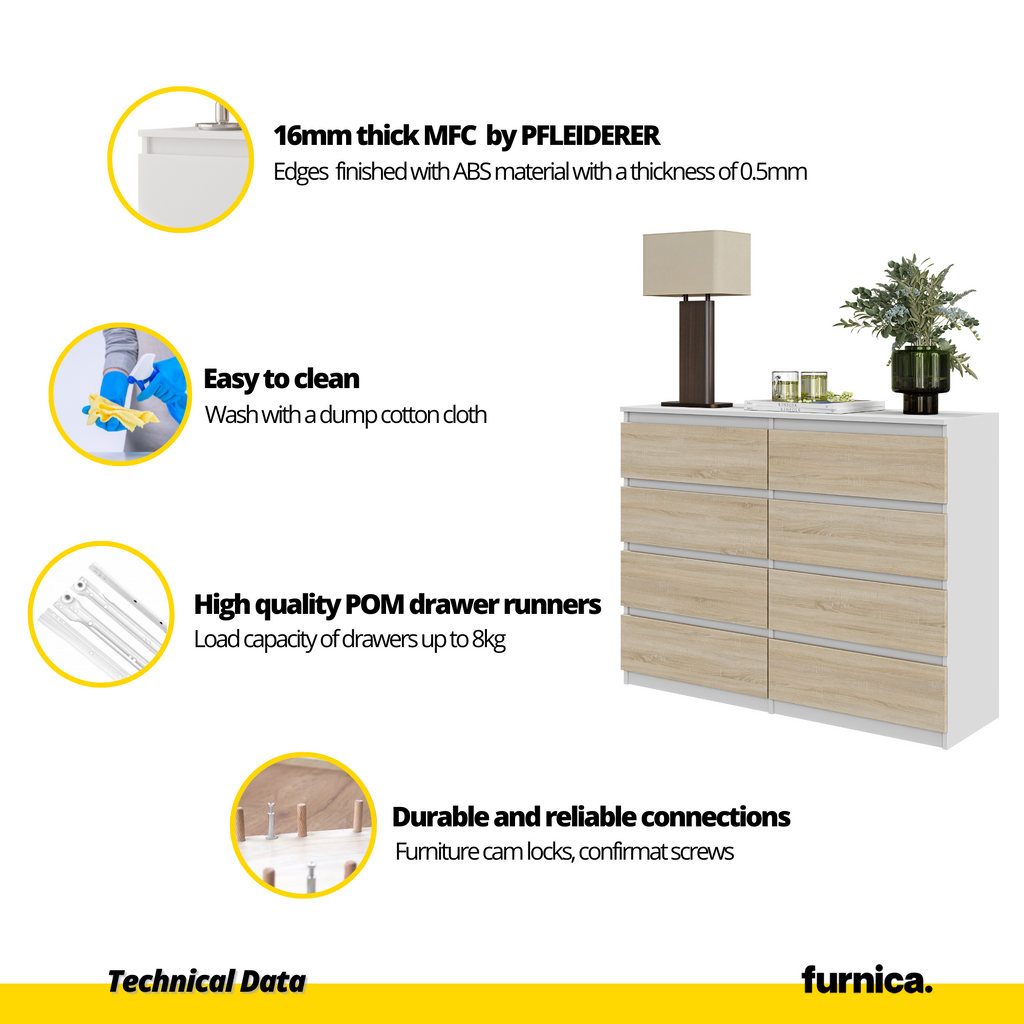 GABRIEL - Chest of 8 Drawers - Bedroom Dresser Storage Cabinet Sideboard - White Matt / Sonoma Oak H36 3/8" W47 1/4" D13 1/4"