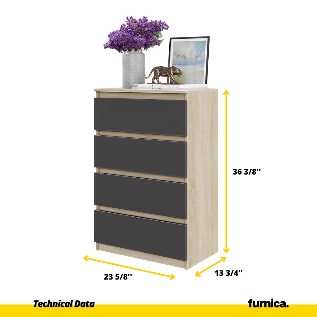 GABRIEL - Chest of 4 Drawers - Bedroom Dresser Storage Cabinet Sideboard - Sonoma Oak / Anthracite H36 3/8" W23 5/8" D13 1/4"