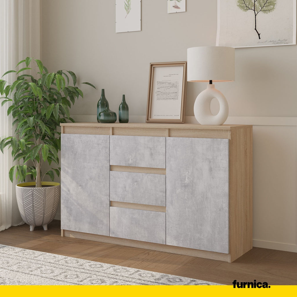 MIKEL - Chest of 3 Drawers and 2 Doors - Bedroom Dresser Storage Cabinet Sideboard - Sonoma Oak / Concrete H29 1/2" W47 1/4" D13 3/4"