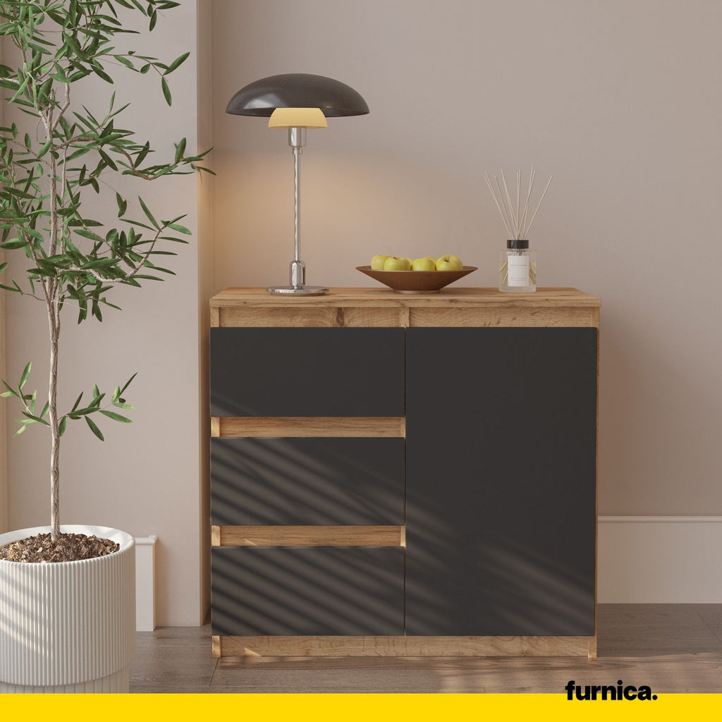 MIKEL - Chest of 3 Drawers and 1 Door - Bedroom Dresser Storage Cabinet Sideboard - Wotan Oak / Anthracite H29 1/2" W31 1/2" D13 3/4"