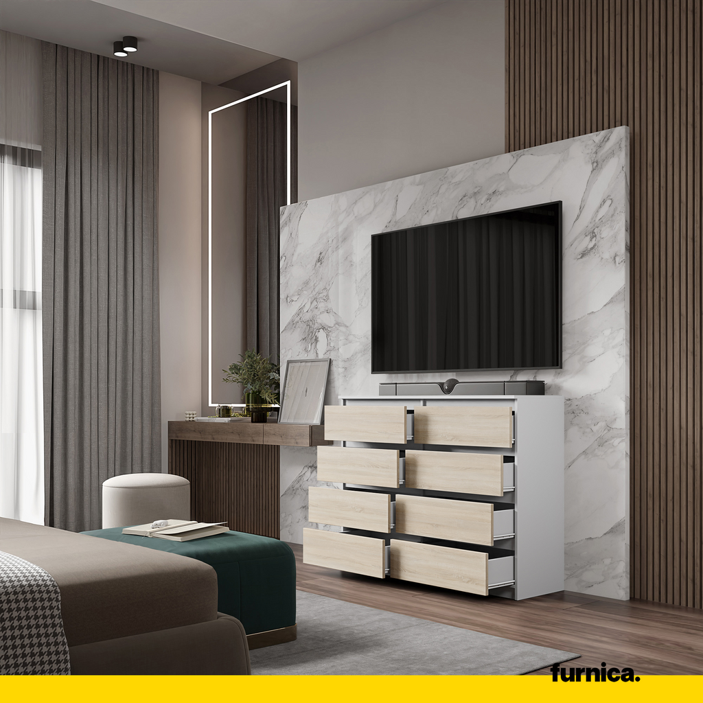 GABRIEL - Chest of 8 Drawers - Bedroom Dresser Storage Cabinet Sideboard - White Matt / Sonoma Oak H36 3/8" W47 1/4" D13 1/4"