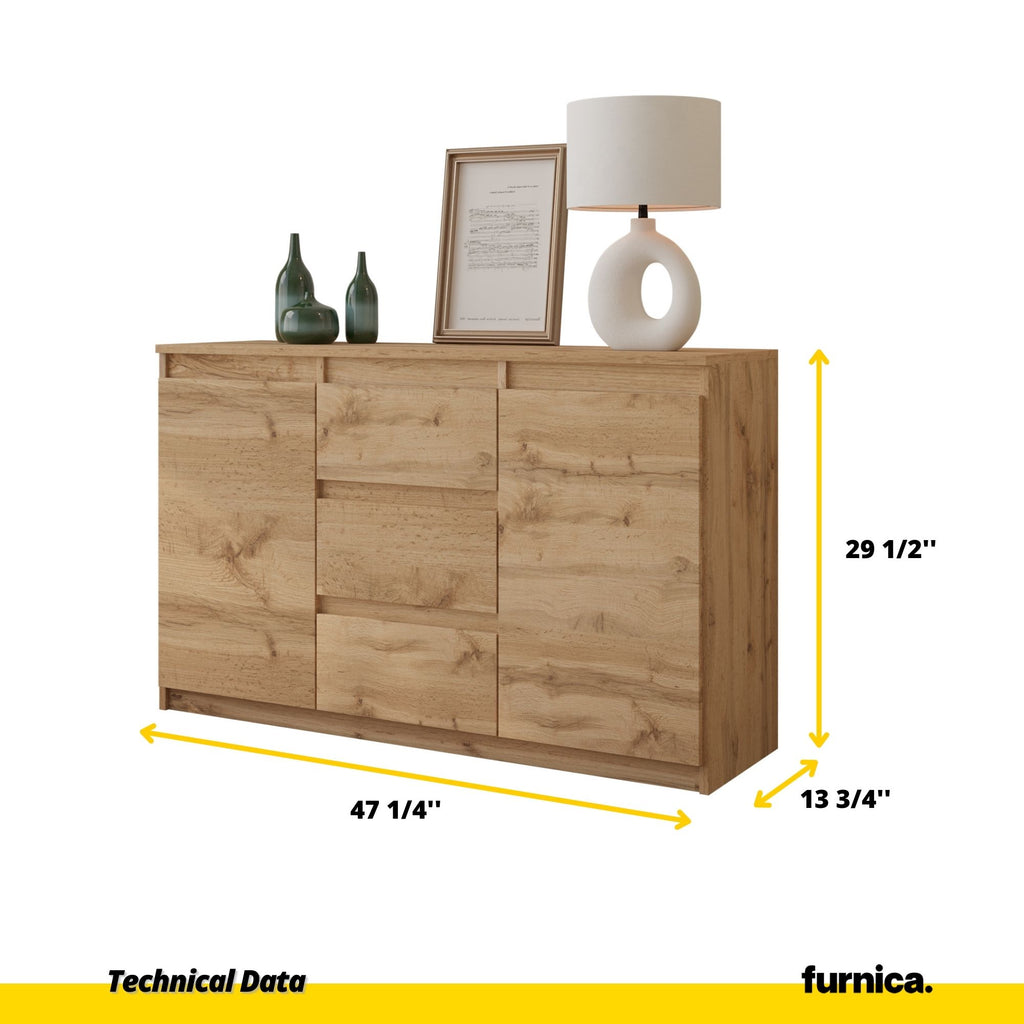 MIKEL - Chest of 3 Drawers and 2 Doors - Bedroom Dresser Storage Cabinet Sideboard - Wotan Oak H29 1/2" W47 1/4" D13 3/4"
