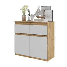 NOAH - Chest of 2 Drawers and 2 Doors - Bedroom Dresser Storage Cabinet Sideboard -  Wotan Oak / White Matt H29 1/2" W31 1/2" D13 3/4"