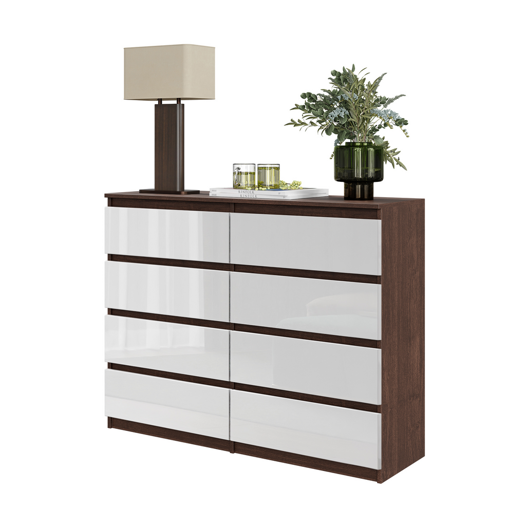 GABRIEL - Chest of 8 Drawers - Bedroom Dresser Storage Cabinet Sideboard - Wenge / White Gloss H36 3/8" W47 1/4" D13 1/4"