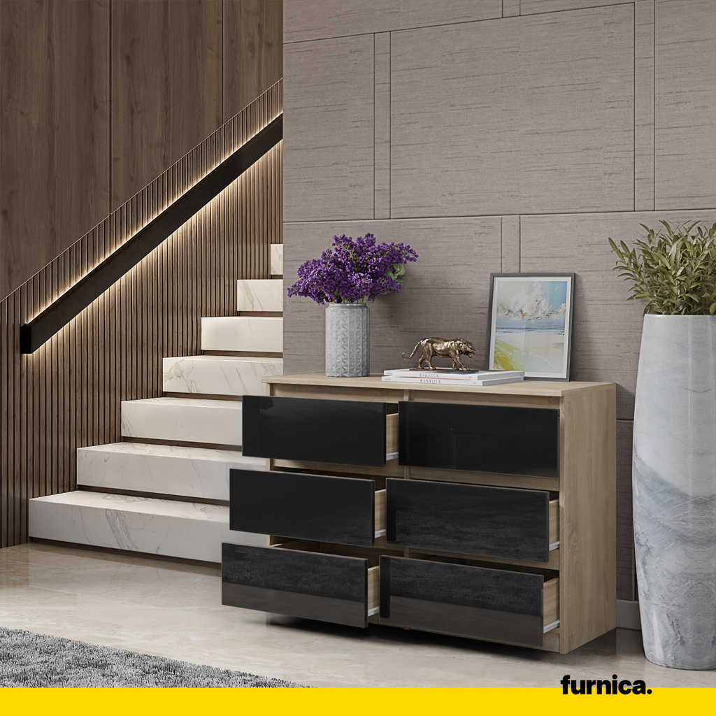 GABRIEL - Chest of 6 Drawers - Bedroom Dresser Storage Cabinet Sideboard - Sonoma Oak / Black Gloss H28" W39 3/8" D13"