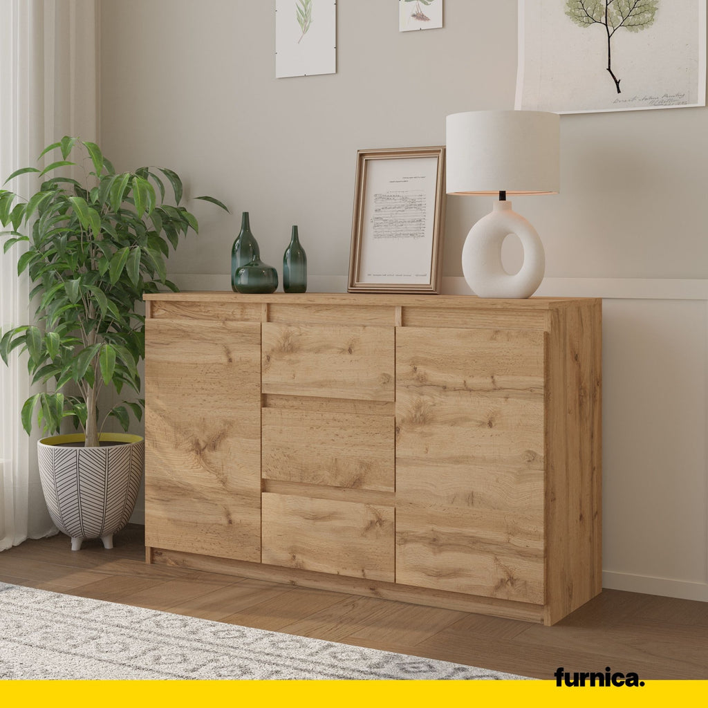MIKEL - Chest of 3 Drawers and 2 Doors - Bedroom Dresser Storage Cabinet Sideboard - Wotan Oak H29 1/2" W47 1/4" D13 3/4"