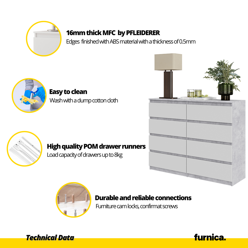 GABRIEL - Chest of 8 Drawers - Bedroom Dresser Storage Cabinet Sideboard - Concrete / White Matt H36 3/8" W47 1/4" D13 1/4"