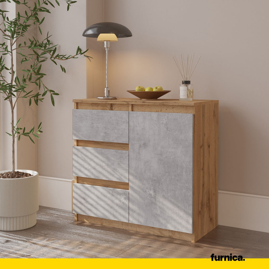 MIKEL - Chest of 3 Drawers and 1 Door - Bedroom Dresser Storage Cabinet Sideboard - Wotan Oak / Concrete H29 1/2" W31 1/2" D13 3/4"