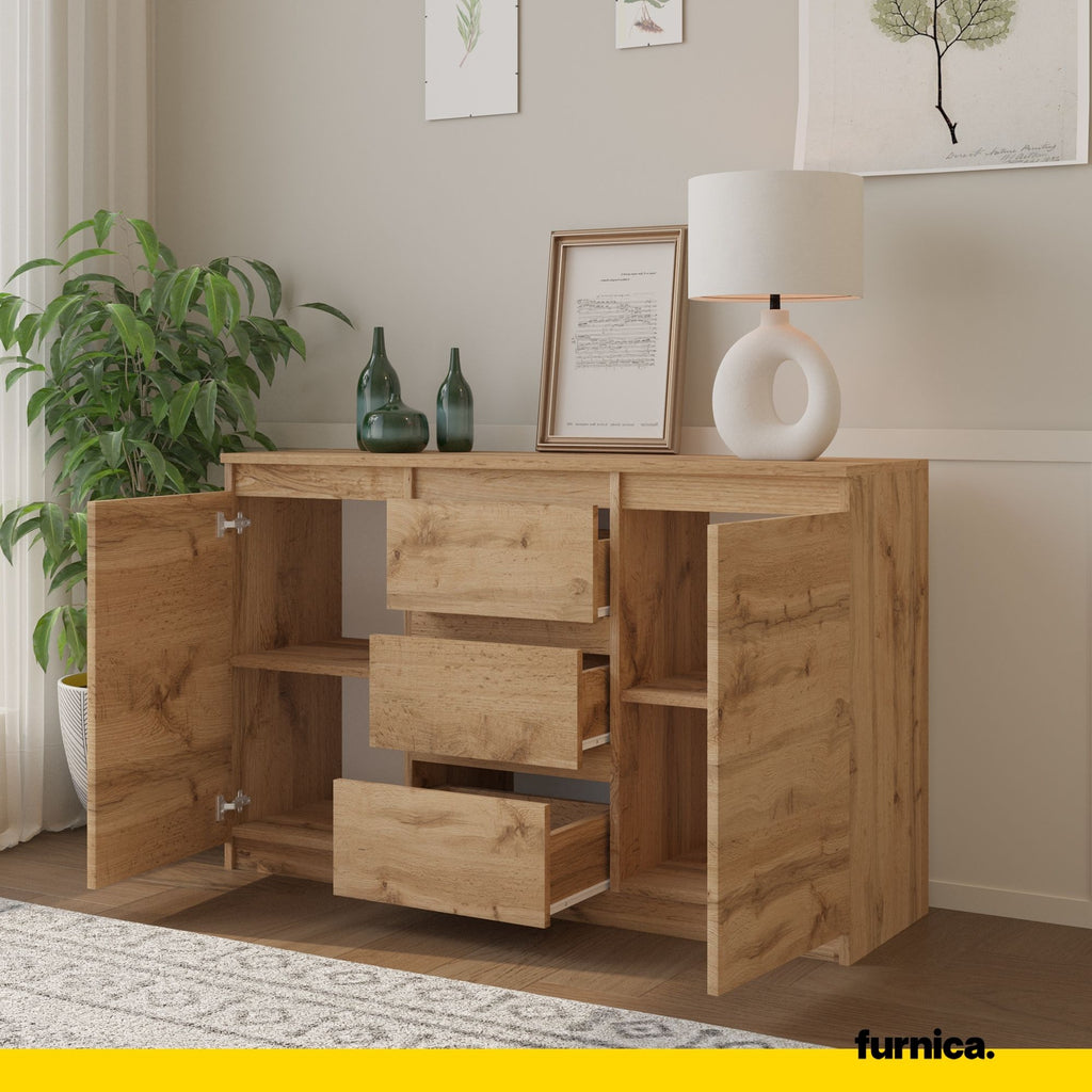 MIKEL - Chest of 3 Drawers and 2 Doors - Bedroom Dresser Storage Cabinet Sideboard - Wotan Oak H29 1/2" W47 1/4" D13 3/4"