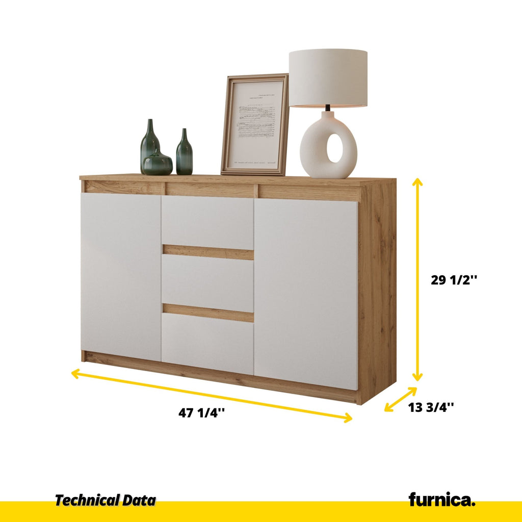 MIKEL - Chest of 3 Drawers and 2 Doors - Bedroom Dresser Storage Cabinet Sideboard - Wotan Oak / White Matt H29 1/2" W47 1/4" D13 3/4"