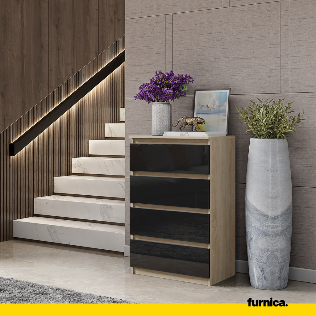 GABRIEL - Chest of 4 Drawers - Bedroom Dresser Storage Cabinet Sideboard - Sonoma Oak / Black Gloss H36 3/8" W23 5/8" D13 1/4"