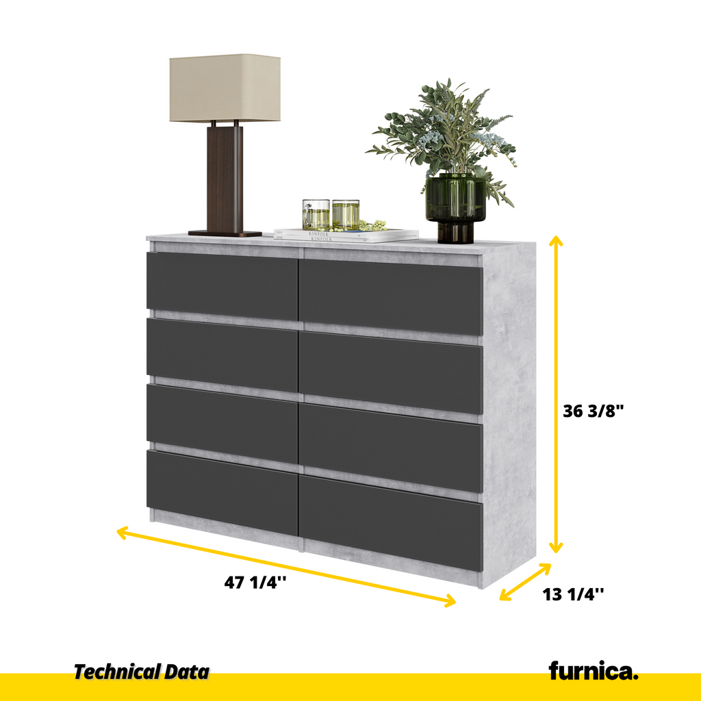 GABRIEL - Chest of 8 Drawers - Bedroom Dresser Storage Cabinet Sideboard - Concrete / Anthracite H36 3/8" W47 1/4" D13 1/4"