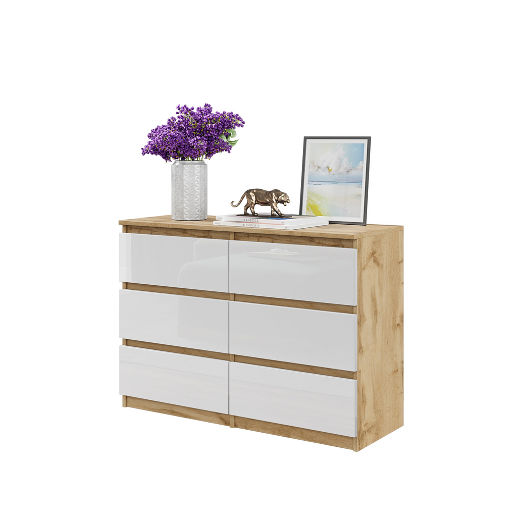GABRIEL - Chest of 6 Drawers - Bedroom Dresser Storage Cabinet Sideboard - Wotan Oak / White Gloss H28" W39 3/8" D13"