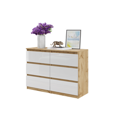 GABRIEL - Chest of 6 Drawers - Bedroom Dresser Storage Cabinet Sideboard - Wotan Oak / White Gloss H28" W39 3/8" D13"