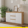 MIKEL - Chest of 3 Drawers and 2 Doors - Bedroom Dresser Storage Cabinet Sideboard - Wotan Oak / White Matt H29 1/2" W47 1/4" D13 3/4"