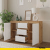 MIKEL - Chest of 3 Drawers and 2 Doors - Bedroom Dresser Storage Cabinet Sideboard - Wotan Oak / White Matt H29 1/2" W47 1/4" D13 3/4"