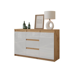 MIKEL - Chest of 3 Drawers and 2 Doors - Bedroom Dresser Storage Cabinet Sideboard - Wotan Oak / White Gloss H29 1/2" W47 1/4" D13 3/4"