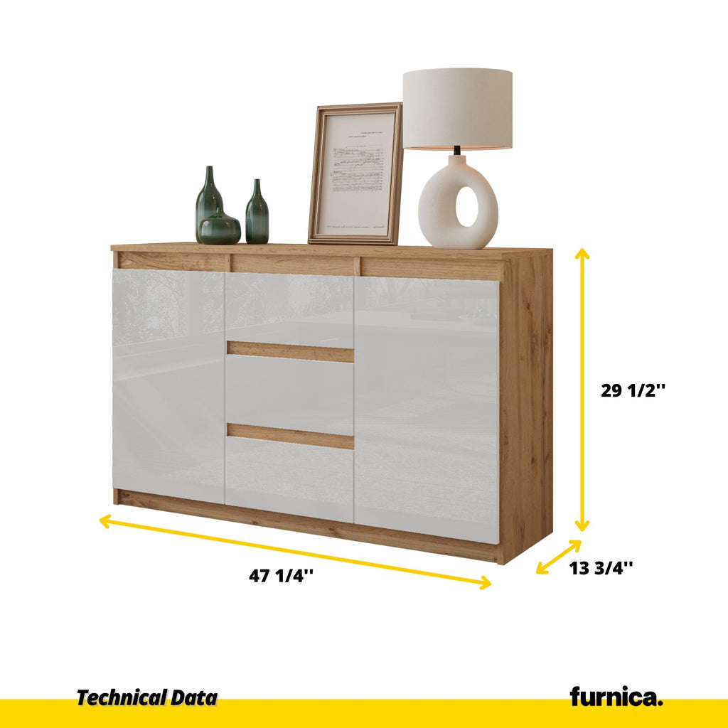 MIKEL - Chest of 3 Drawers and 2 Doors - Bedroom Dresser Storage Cabinet Sideboard - Wotan Oak / White Gloss H29 1/2" W47 1/4" D13 3/4"