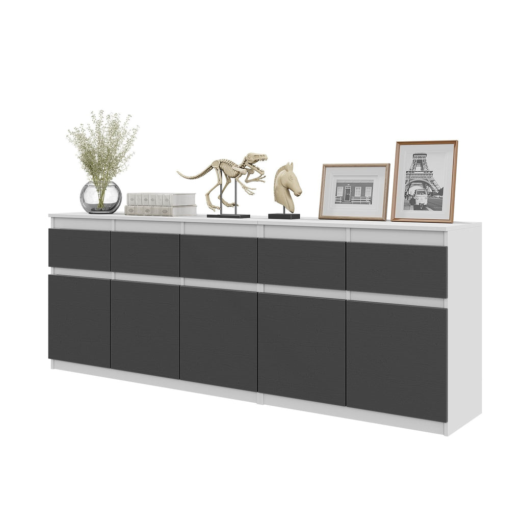 NOAH - Chest of 5 Drawers and 5 Doors - Bedroom Dresser Storage Cabinet Sideboard - White Matt / Anthracite H29 1/2" W78 3/4" D13 3/4"
