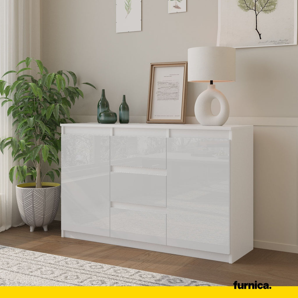 MIKEL - Chest of 3 Drawers and 2 Doors - Bedroom Dresser Storage Cabinet Sideboard - White Matt / White Gloss H29 1/2" W47 1/4" D13 3/4"