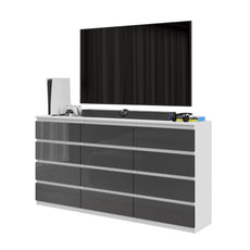 GABRIEL - Chest of 12 Drawers (8+4) - Bedroom Dresser Storage Cabinet Sideboard - White Matt / Anthracite Gloss H36 3/8" W70 7/8" D13 1/4