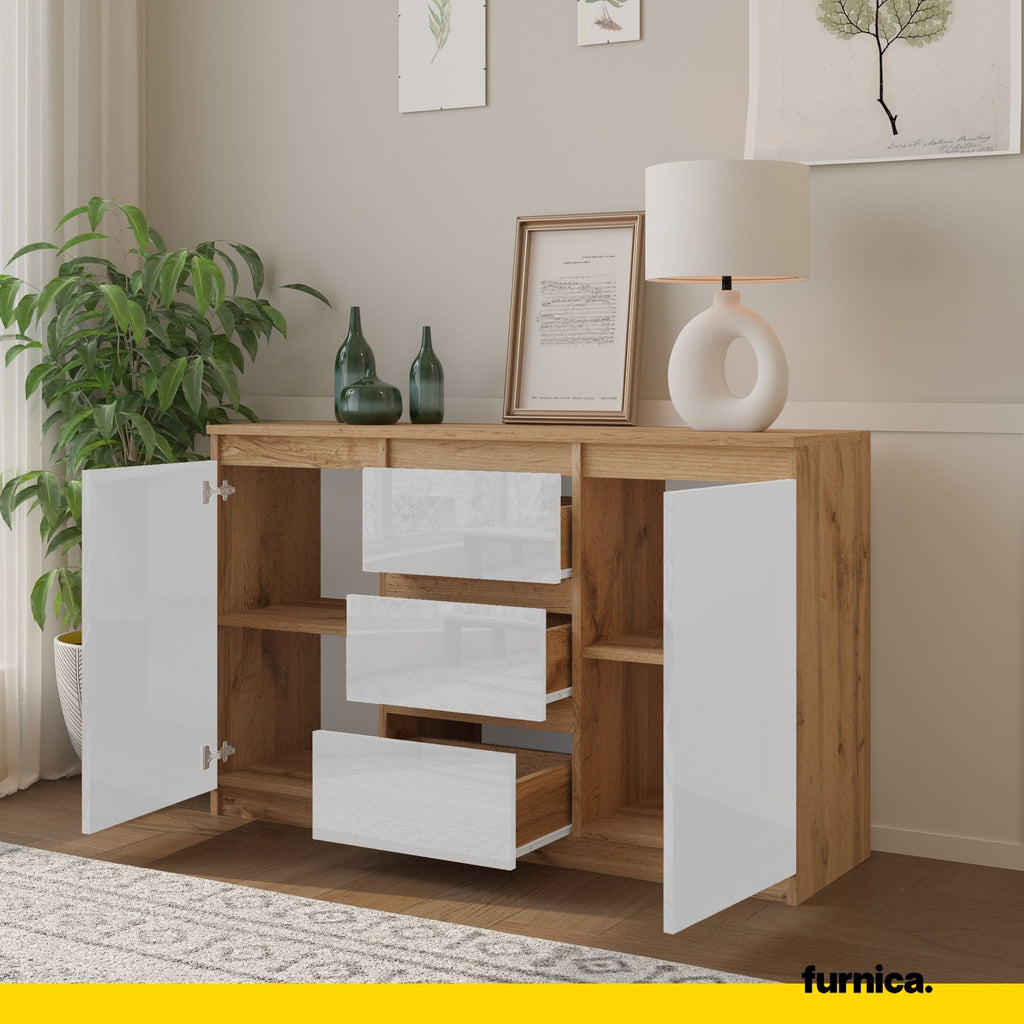 MIKEL - Chest of 3 Drawers and 2 Doors - Bedroom Dresser Storage Cabinet Sideboard - Wotan Oak / White Gloss H29 1/2" W47 1/4" D13 3/4"