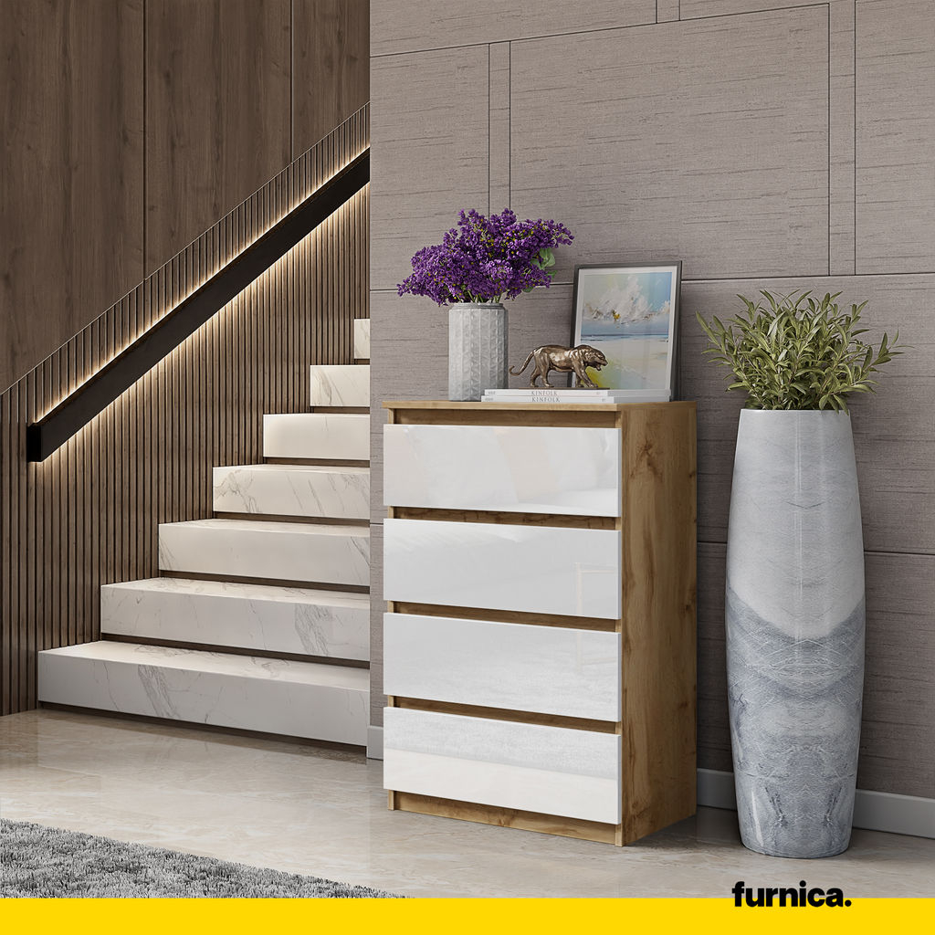 GABRIEL - Chest of 4 Drawers - Bedroom Dresser Storage Cabinet Sideboard - Wotan Oak / White Gloss H36 3/8" W23 5/8" D13 1/4"
