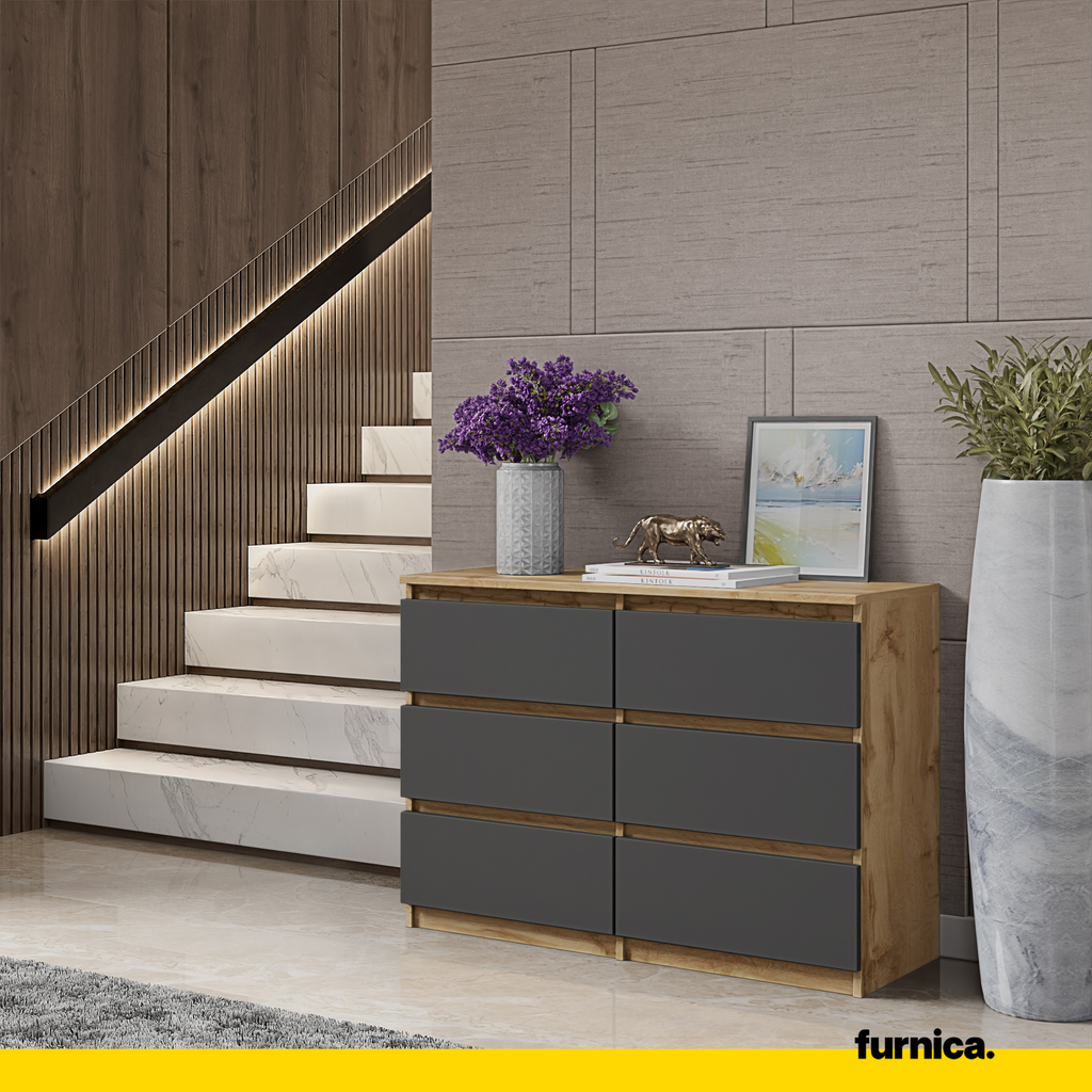 GABRIEL - Chest of 6 Drawers - Bedroom Dresser Storage Cabinet Sideboard - Wotan Oak / Anthracite H28" W39 3/8" D13"