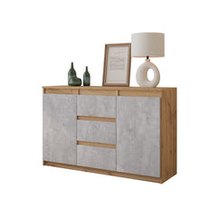MIKEL - Chest of 3 Drawers and 2 Doors - Bedroom Dresser Storage Cabinet Sideboard - Wotan Oak / Concrete H29 1/2" W47 1/4" D13 3/4"