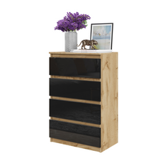 GABRIEL - Chest of 4 Drawers - Bedroom Dresser Storage Cabinet Sideboard - Wotan Oak / Black Gloss H36 3/8" W23 5/8" D13 1/4"