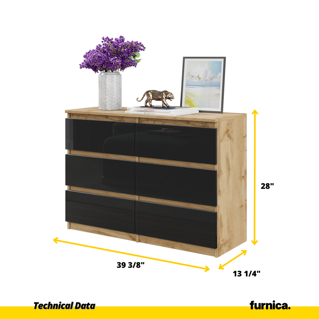 GABRIEL - Chest of 6 Drawers - Bedroom Dresser Storage Cabinet Sideboard - Wotan Oak / Black Gloss H28" W39 3/8" D13"