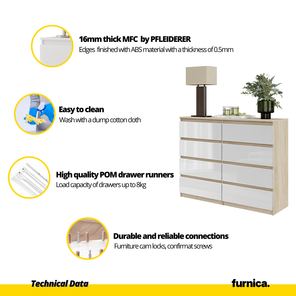 GABRIEL - Chest of 8 Drawers - Bedroom Dresser Storage Cabinet Sideboard - Sonoma Oak / White Gloss H36 3/8" W47 1/4" D13 1/4"