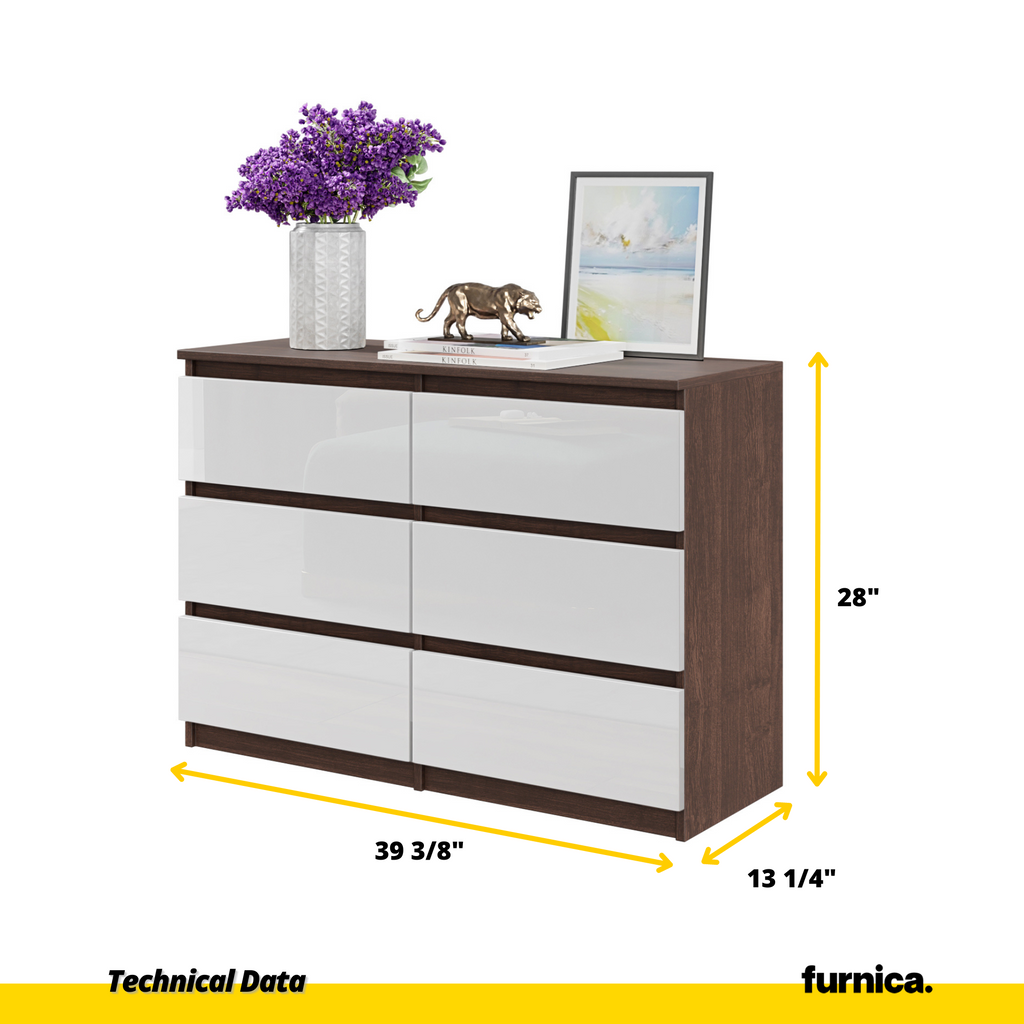 GABRIEL - Chest of 6 Drawers - Bedroom Dresser Storage Cabinet Sideboard - Wenge / White Gloss H28" W39 3/8" D13"