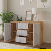 MIKEL - Chest of 3 Drawers and 2 Doors - Bedroom Dresser Storage Cabinet Sideboard - Wotan Oak / Concrete H29 1/2" W47 1/4" D13 3/4"