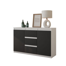 MIKEL - Chest of 3 Drawers and 2 Doors - Bedroom Dresser Storage Cabinet Sideboard - White Matt / Anthracite H29 1/2" W47 1/4" D13 3/4"