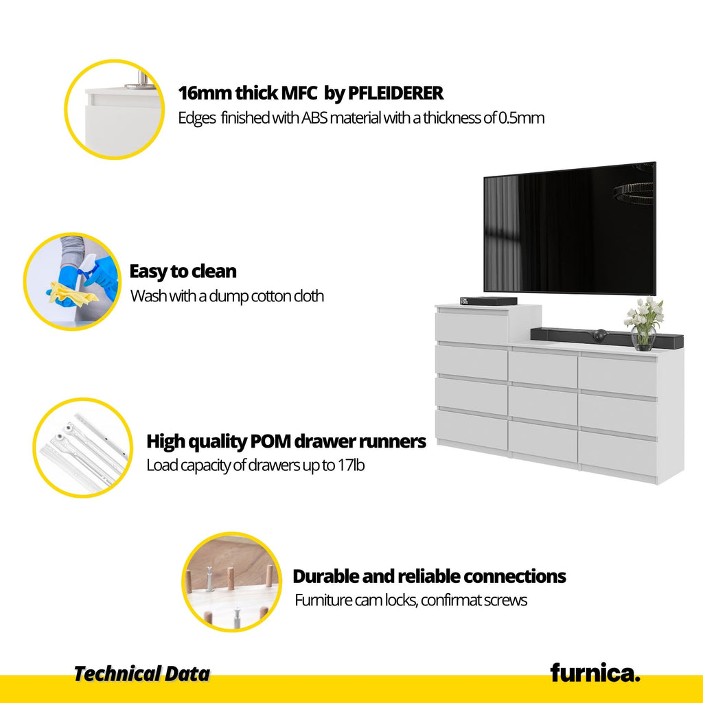 GABRIEL - Chest of 10 Drawers (6+4) - Bedroom Dresser Storage Cabinet Sideboard - Concrete / White Gloss H36 3/8" / 27 1/2" W63" D13 1/4"