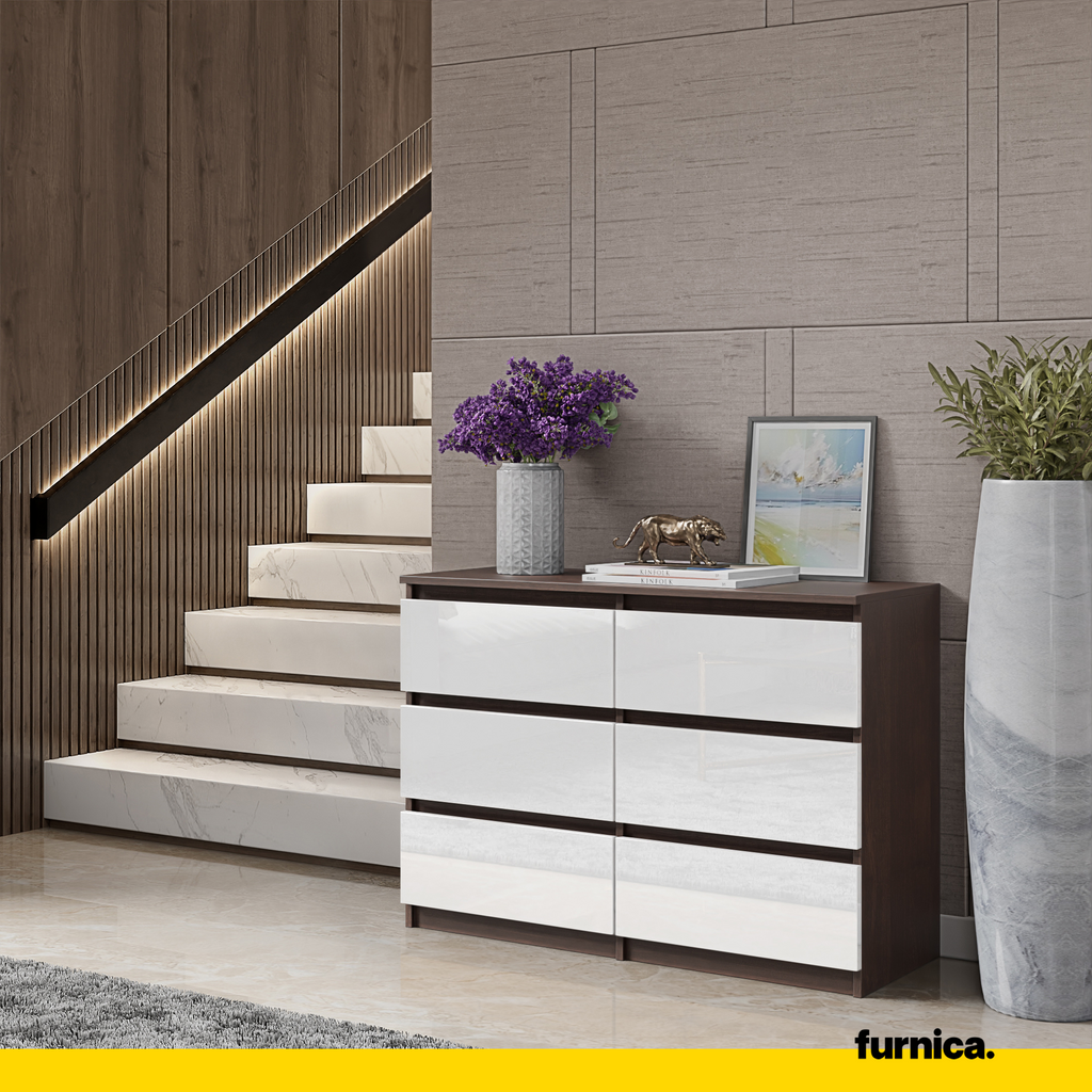 GABRIEL - Chest of 6 Drawers - Bedroom Dresser Storage Cabinet Sideboard - Wenge / White Gloss H28" W39 3/8" D13"