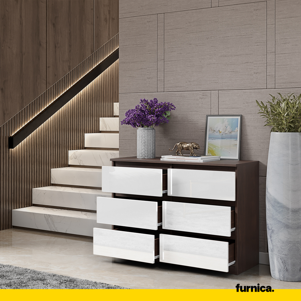 GABRIEL - Chest of 6 Drawers - Bedroom Dresser Storage Cabinet Sideboard - Wenge / White Gloss H28" W39 3/8" D13"