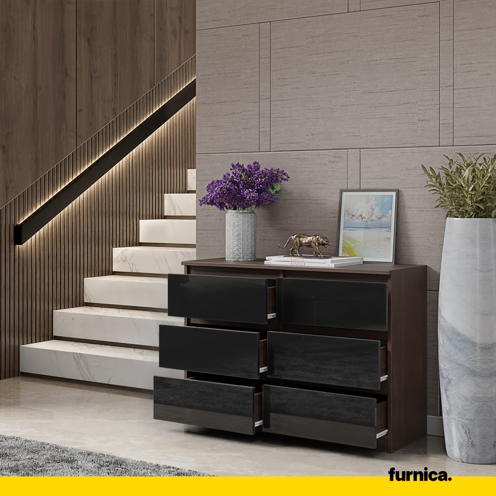 GABRIEL - Chest of 6 Drawers - Bedroom Dresser Storage Cabinet Sideboard - Wenge / Black Gloss H28" W39 3/8" D13"