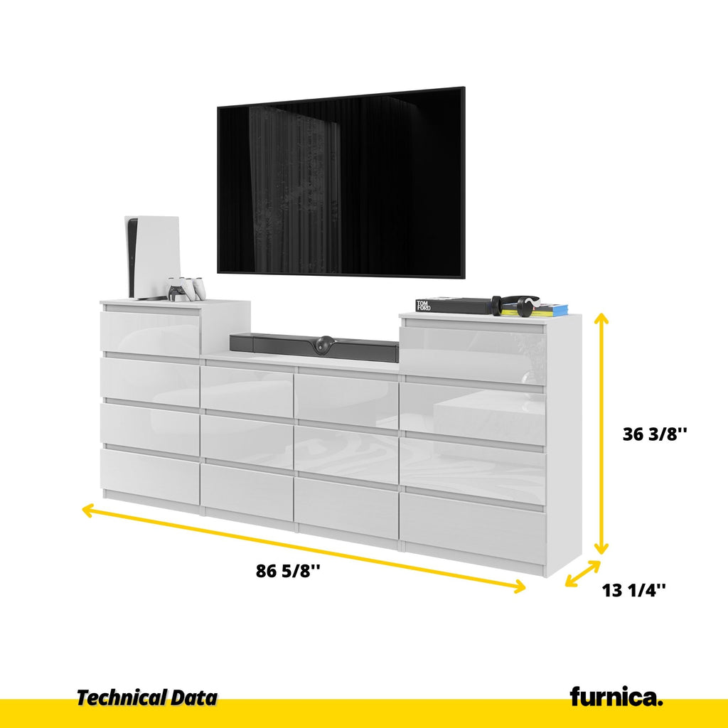 GABRIEL - Chest of 14 Drawers (4+6+4) - Bedroom Dresser Storage Cabinet Sideboard - White Gloss H36 3/8" W86 5/8" D13 1/4"