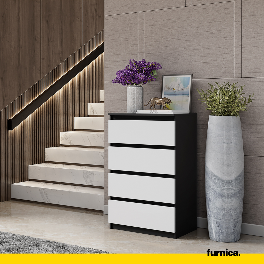 GABRIEL - Chest of 4 Drawers - Bedroom Dresser Storage Cabinet Sideboard - Black Matt / White Matt H36 3/8" W23 5/8" D13 1/4"