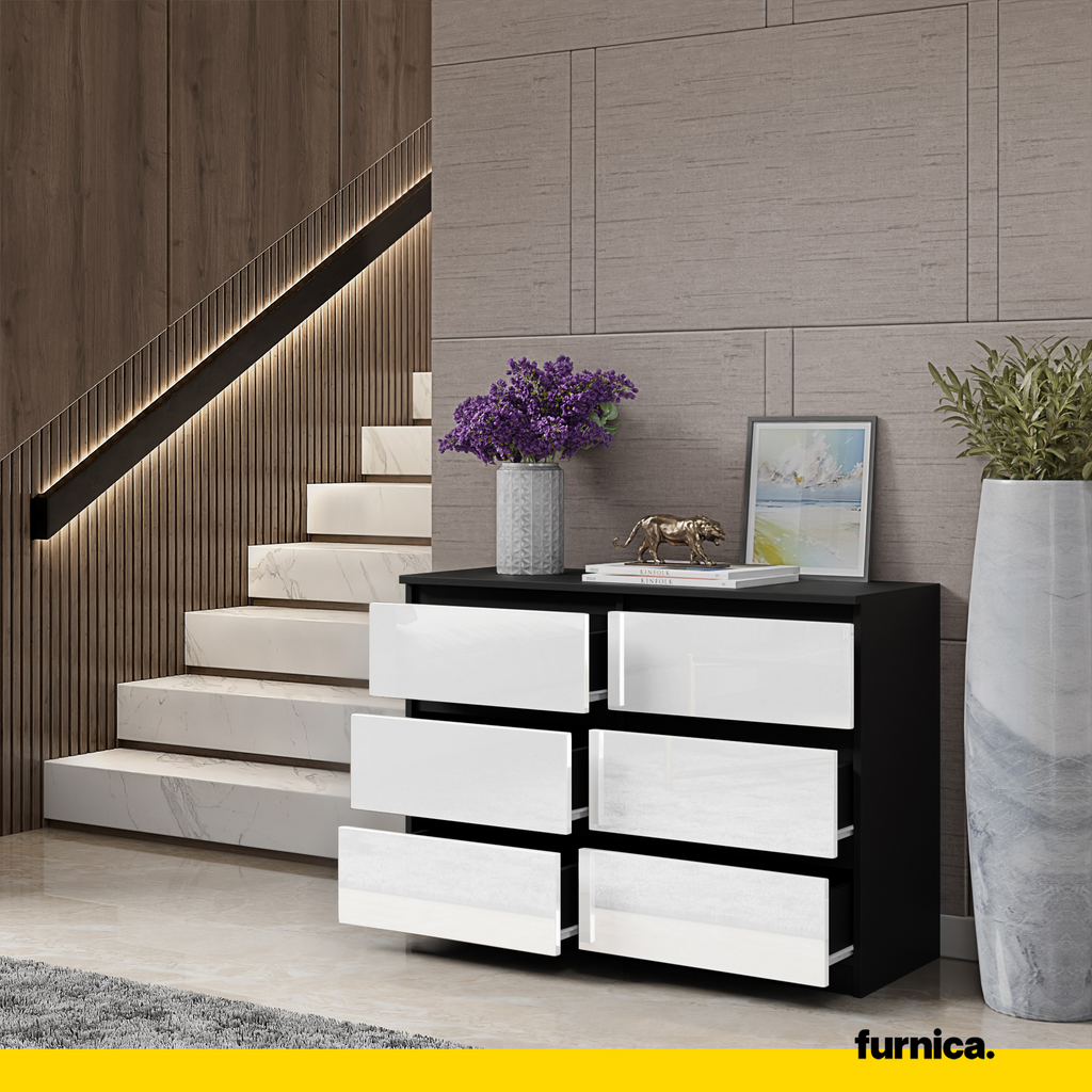 GABRIEL - Chest of 6 Drawers - Bedroom Dresser Storage Cabinet Sideboard - Black Matt / White Gloss H28" W39 3/8" D13"