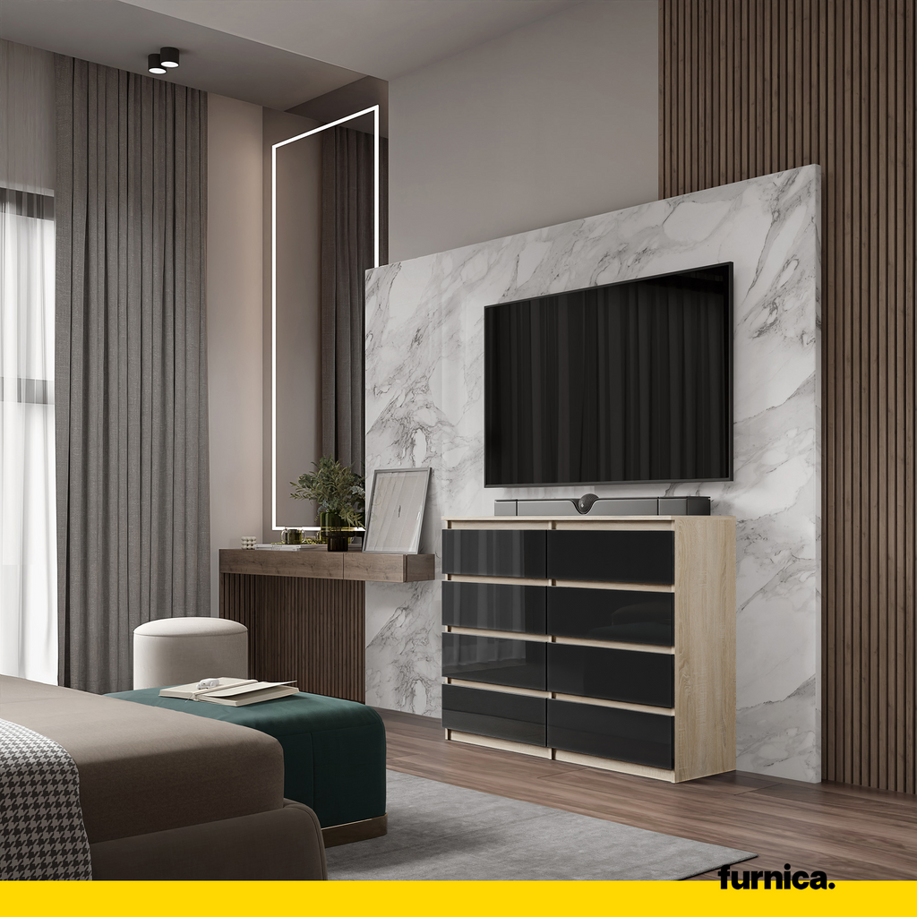 GABRIEL - Chest of 8 Drawers - Bedroom Dresser Storage Cabinet Sideboard - Sonoma Oak / Black Gloss H36 3/8" W47 1/4" D13 1/4"