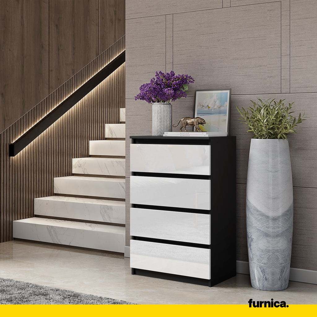 GABRIEL - Chest of 4 Drawers - Bedroom Dresser Storage Cabinet Sideboard - Black Matt / White Gloss H36 3/8" W23 5/8" D13 1/4"