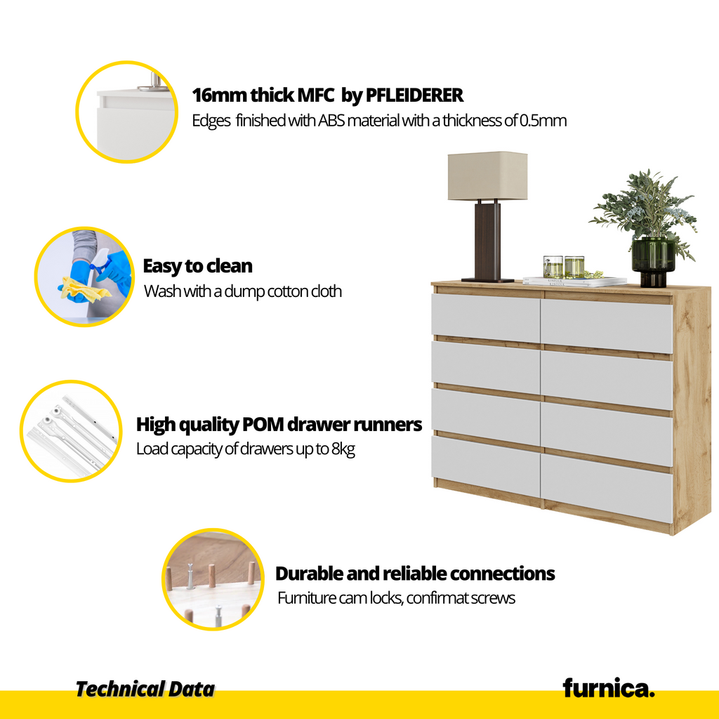 GABRIEL - Chest of 8 Drawers - Bedroom Dresser Storage Cabinet Sideboard - Wotan Oak / White Matt H36 3/8" W47 1/4" D13 1/4"