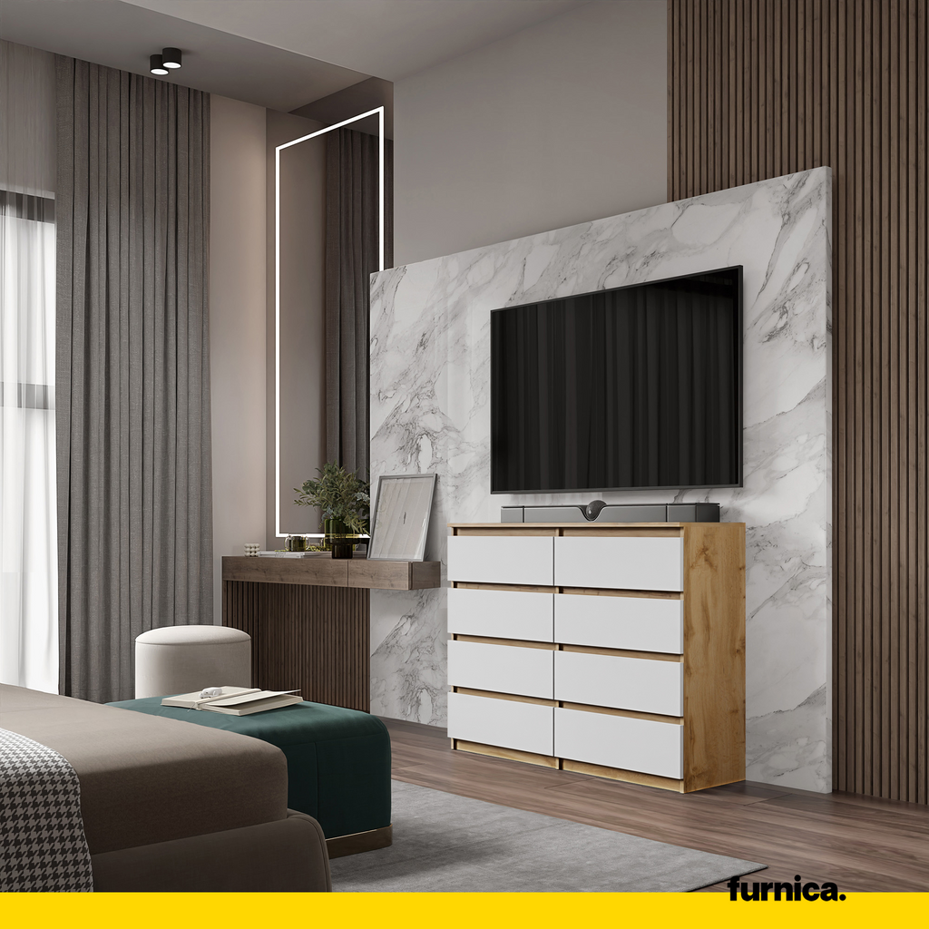 GABRIEL - Chest of 8 Drawers - Bedroom Dresser Storage Cabinet Sideboard - Wotan Oak / White Matt H36 3/8" W47 1/4" D13 1/4"