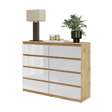 GABRIEL - Chest of 8 Drawers - Bedroom Dresser Storage Cabinet Sideboard - Wotan Oak / White Gloss H36 3/8" W47 1/4" D13 1/4"